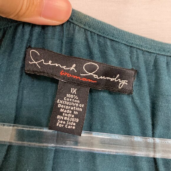 New French Laundry size 1X Teal Embroidered Cotton Stretch Tie Front Blouse - Picture 2 of 9